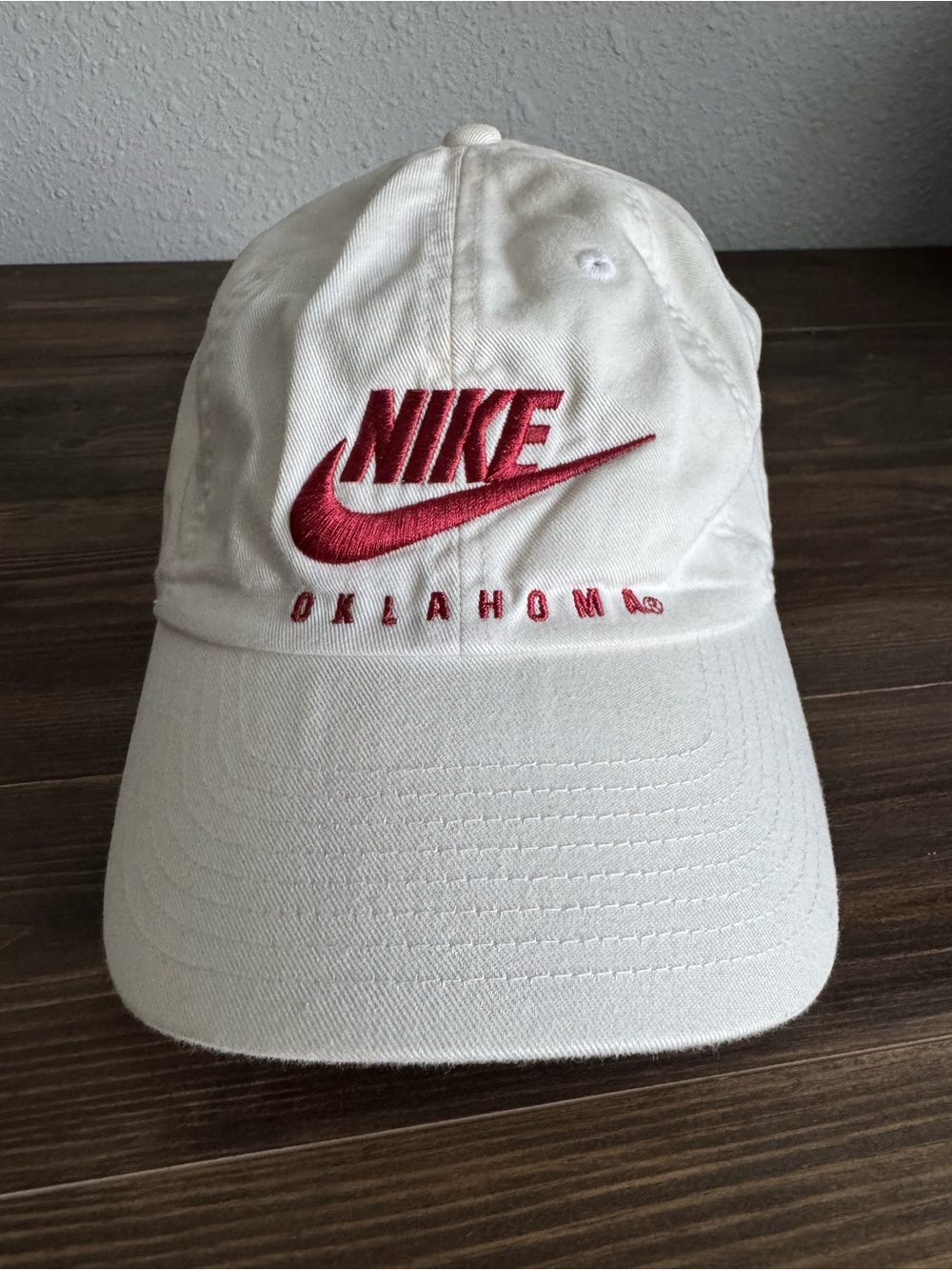 Nike White Cap with Red Embroidered Swoosh and Oklahoma Text